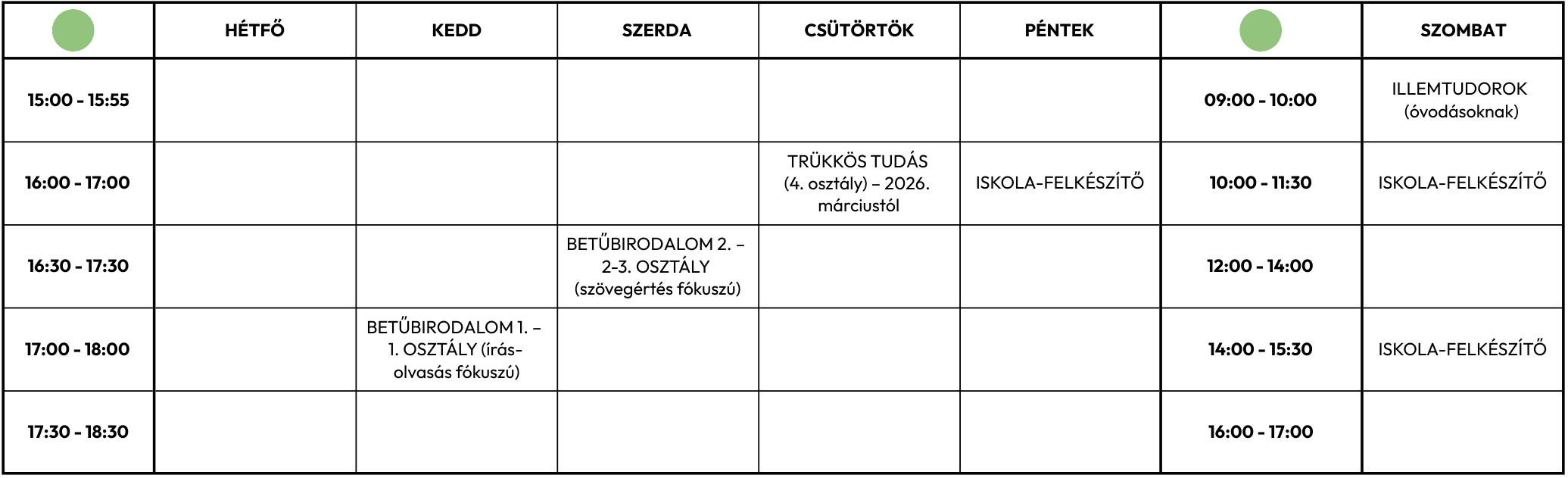 Kurzusnaptár - 2026 februártól (zöld)