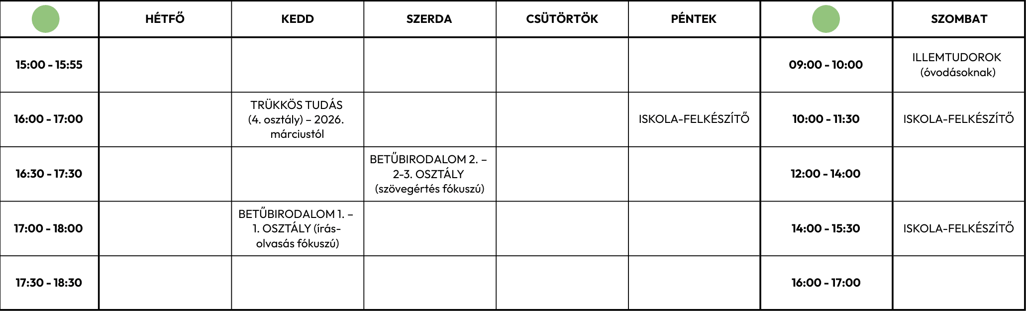Kurzusnaptár - 2026 áprilistól (zöld)