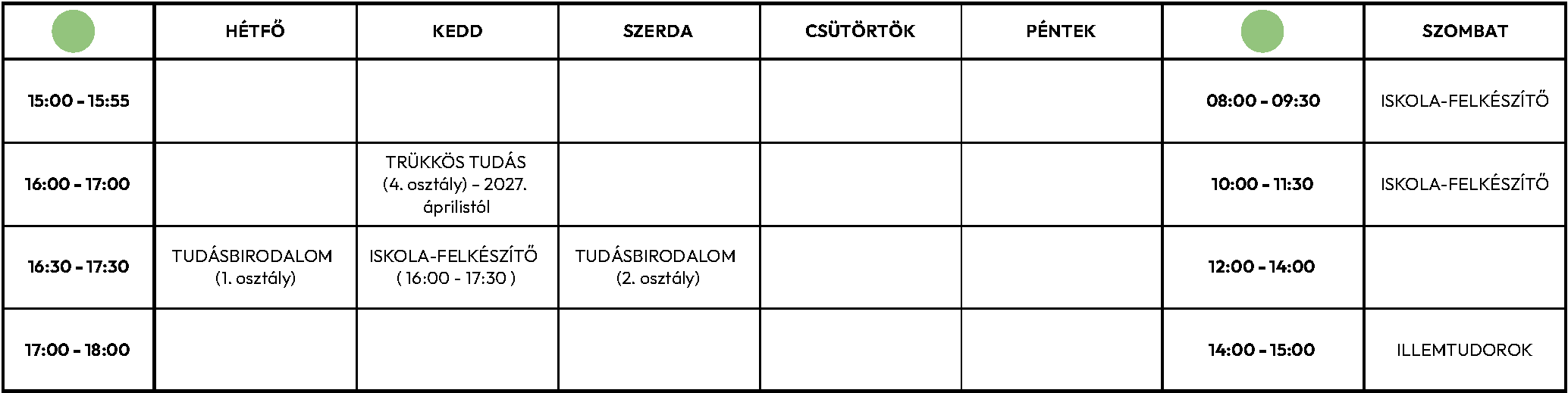 Kurzusnaptár - 2026 szeptember - Zöld